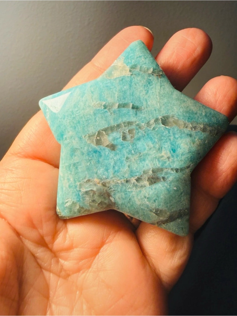 Amazonite Star Palm Stone Natural Teal Feldspar Star Carving for Harmony & Truth